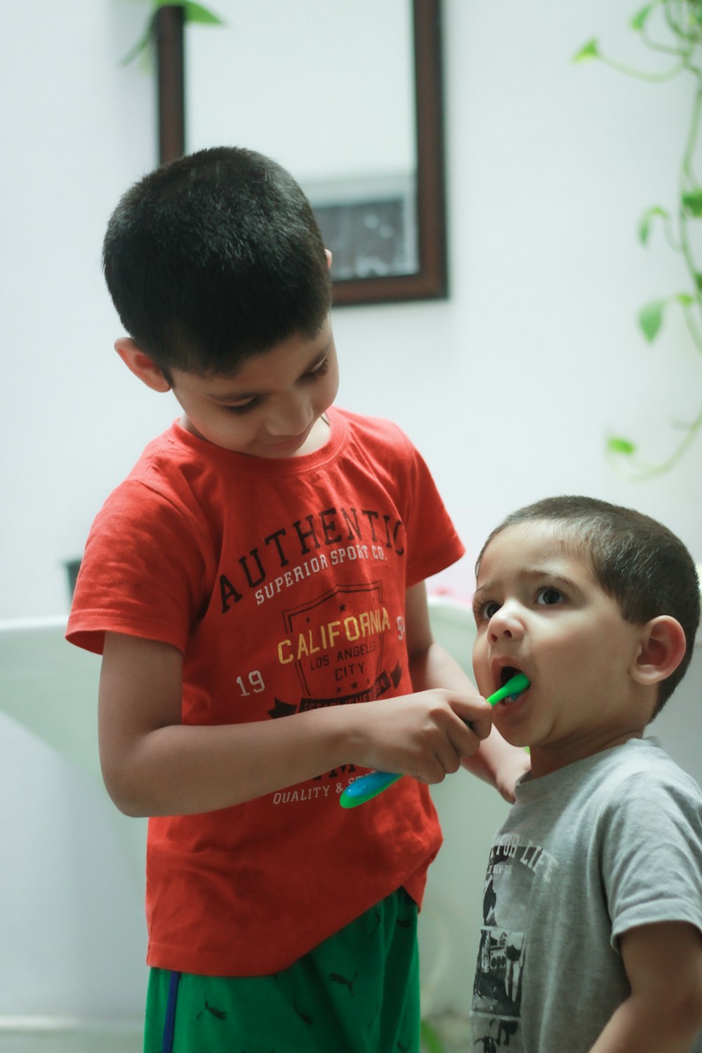 Dos niños cepillándose los dientes